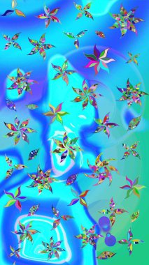 Çiçekli karalama şeklinde Raster çiçek deseni. Yumuşak, bahar çiçekli arka plan. Mavi ve yeşil renkte çiçekler.