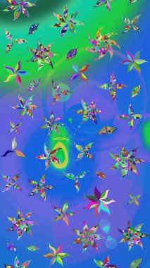 Sketch Colour Spring Theme eskiz kalıbı. Mavi ve yeşil renkli çiçekler. Sevimli çiçek raster deseni. Düz Çiçek Elementleri Tasarımı.