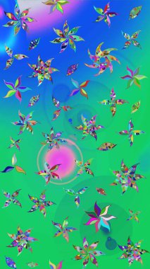 Raster illüstrasyonundaki çiçek desenli çizim. Yeşil ve mavi renkte çiçekler.