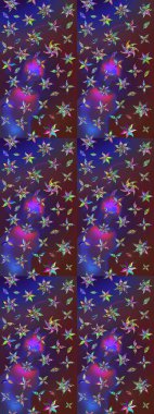 Raster illüstrasyonu. Çiçek desenli çizim. Düz Çiçek Elementleri Tasarımı. Mor ve mor renkli çiçekler. Renkli Bahar Teması eskiz kalıbı. Asya tekstil tarzında.