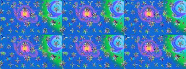 Mavi ve yeşil çiçekli eskiz deseni, suluboya çiçek deseni, sevimli çiçek, duvar kağıdı, kart veya kumaş için fayanslı. Raster - stok.