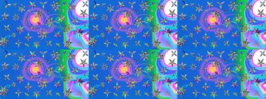 Mavi ve mor üzerine çiçekler. Raster hisseleri. Suluboya, elle çizilmiş. Taslak arkaplan deseni.