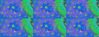 Raster illüstrasyonundaki çiçek desenli çizim. Mavi ve yeşil renkte çiçekler.