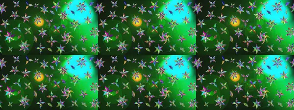 Yeşil ve mavi renkte çiçekler. Düz Çiçek Elementleri Tasarımı. Renkli Bahar Teması eskiz kalıbı. Sevimli çiçek raster deseni.