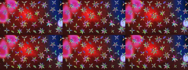 Çok kahverengi ve kırmızı zarif küçük çiçekler ve kahverengi ve kırmızı renkli komik böcekler, raster desen, illüstrasyon.