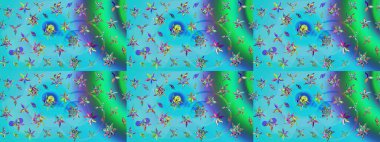 Çiçekli karalama şeklinde Raster çiçek deseni. Mavi ve yeşil renkli çiçekler. Yumuşak, bahar çiçekli arka plan.