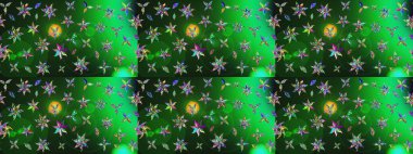 Raster illüstrasyonu. Raster çiçekleri klasik tarzda çizilmiş. Yeşil ve gri renklerde bahar çiçekleri. Çiçekli yumuşak çizim deseni.