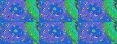 Raster illüstrasyonundaki çiçek desenli çizim. Mavi ve yeşil renkte çiçekler.