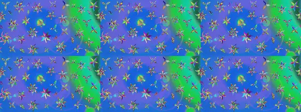 Raster illüstrasyonundaki çiçek desenli çizim. Mavi ve yeşil renkte çiçekler.