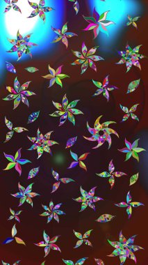 Raster illüstrasyonu. Yumuşak, bahar çiçekleri kahverengi ve mavi renklerde. Yaprak ve çiçeklerin suluboya resmi, kahverengi ve mavi renklerin çizim şekli.