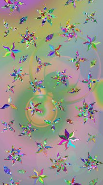 Patlayan çiçekler soyut olarak yerleştirilmiş. Raster illüstrasyonu. Raster deseni. Yumuşak, bahar çiçekleri tarafsız ve yeşil renklerde.