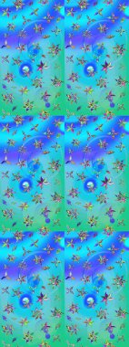 Renkli grunge, soyut arkaplanı kolomavi ve yeşil çiçeklerle süslüyor. Parmak izi, kumaş, duvar kâğıdı, tekstil için raster dokusu. Nakış desenli çiçek deseni..