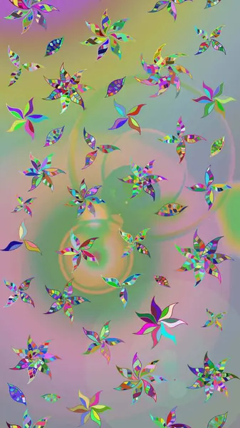 Patlayan çiçekler soyut olarak yerleştirilmiş. Raster illüstrasyonu. Raster deseni. Yumuşak, bahar çiçekleri tarafsız ve yeşil renklerde.