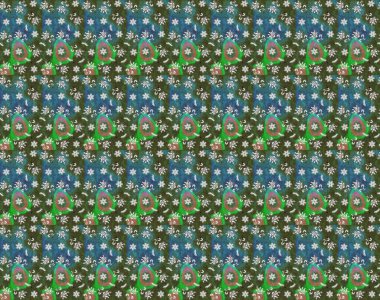 Raster illüstrasyonu. Şirin çiçekli eskiz deseni ve yeşil ve mavi renkli yapraklar, suluboya çiçek deseni, duvar kağıdı, kart veya kumaş için fayanslı.