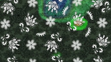 Raster Çiçek İllüstrasyonu güzel tekstil. Yeşil ve gri renkte etnik çiçeklerle süslenmiş zarif bir eskiz..