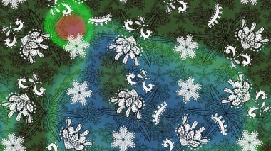 Yeşil ve mavi arka planda. Elle çizilmiş çiçek desenli Raster çizimi. Tekstil, kumaş, ambalaj, hatıra defteri için hoş bir çiçek arkaplanı. Çocuksu tasarım.