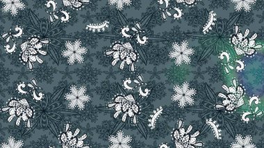 Yeşil ve mavi renkli bitkilerden oluşan parlak çiçekli çizim deseni.