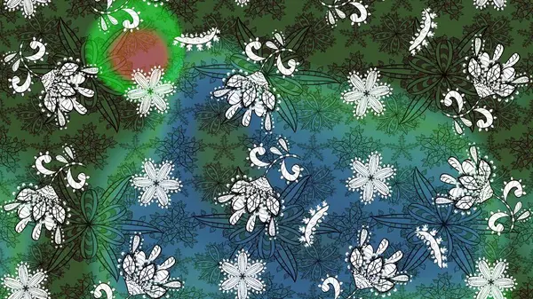 Yeşil ve mavi arka planda. Elle çizilmiş çiçek desenli Raster çizimi. Tekstil, kumaş, ambalaj, hatıra defteri için hoş bir çiçek arkaplanı. Çocuksu tasarım.