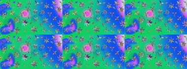 Raster illüstrasyonundaki çiçek desenli çizim. Mavi ve yeşil renkte çiçekler.