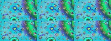 Mavi ve yeşil renklerde. Raster illüstrasyonu. 3D çiçekler, çizim.