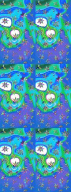 Çok mavi ve yeşil zarif küçük çiçekler ve mavi ve yeşil renkli komik böcekler, raster desen, illüstrasyon.