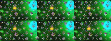 Çiçeksel çizim kalıbının yansıması. Vadinin çiçekleri yeşil ve mavi renklerde.