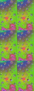 Raster illüstrasyonundaki çiçek desenli çizim. Yeşil ve mor renkte çiçekler.