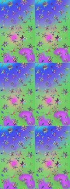 Yaz çiçekleri teması. Yeşil ve mor renkler. Klasik çiçekler. El çizimi, soyut ve süslü elementler. Suluboya resim taklit Raster illüstrasyonu.