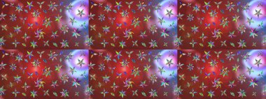 Raster deseni. Kahverengi ve kırmızı renklerde bahar çiçekleri. Patlayan çiçekler soyut olarak yerleştirilmiş. Raster illüstrasyonu.