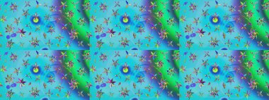 Suluboya çizimi. El çizimi. Mavi ve yeşil renkli çiçekler. Çiçekli çizim deseni.