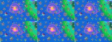 Raster illüstrasyonu. Mavi ve yeşil yapraklı yabani çiçekler. Suluboya, elle çizilmiş. Taslak arkaplan deseni.