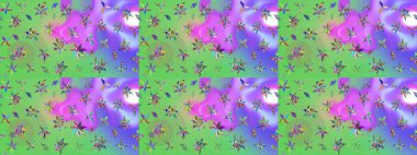 Eski usul. Renkli desenli eskiz deseni, yeşil ve mor çiçekler ve dekoratif elementler. Eskiz geçmişi. Raster illüstrasyonu. Kumaş, tekstil ve duvar kağıdı baskısı için..