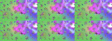 Eski usul. Renkli desenli eskiz deseni, yeşil ve mor çiçekler ve dekoratif elementler. Eskiz geçmişi. Raster illüstrasyonu. Kumaş, tekstil ve duvar kağıdı baskısı için..