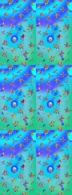 Raster illüstrasyonu. Çiçek süslemeli çizim deseni. Mavi ve yeşil renkte çiçekler.