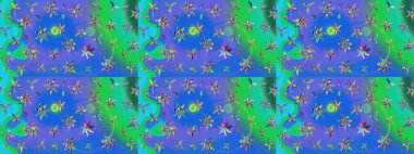 Raster illüstrasyonu. Şirin çiçek elementleri. Mavi ve yeşil renkli çiçekler. Çizim.