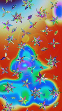 Mavi ve turuncu renkli etnik çiçekli zarif eskiz deseni. Raster Çiçek İllüstrasyonu güzel tekstil..