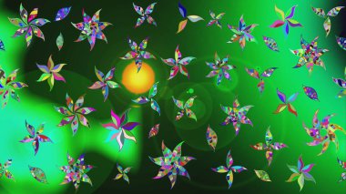 Raster çiçekleri klasik tarzda çizilmiş. Raster illüstrasyonu. Yeşil ve gri renklerde bahar çiçekleri. Çiçekli yumuşak çizim deseni.