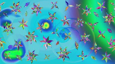 Yumuşak, bahar çiçekleri mavi ve yeşil renklerde. Yaprak ve çiçeklerin suluboya resimleri, mavi ve yeşil renkler üzerine çizimler. Raster illüstrasyonu.