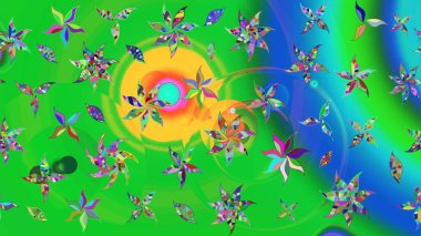 Yeşil ve mavi renkte çiçekler. Küçük çiçekte sevimli çiçek deseni var..