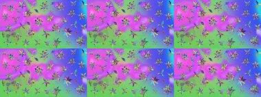 Mor ve yeşil renkte çiçekler. Mor ve yeşil renkte çiçek çizimi. Raster illüstrasyonu. Çiçek deseni. Şatafatlı bahar bahçesi dokusu.