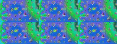 Raster illüstrasyonu. Renkli Bahar Teması eskiz kalıbı. Çiçek desenli çizim. Asya tekstil tarzında. Düz Çiçek Elementleri Tasarımı. Mavi ve yeşil renkte çiçekler.