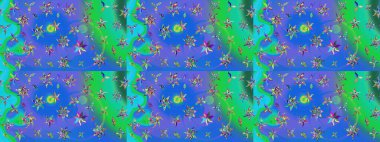 Raster illüstrasyonu. Şirin çiçek elementleri. Mavi ve yeşil renkli çiçekler. Çizim.