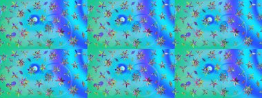 Şirin çiçekli, desenli, mavi ve yeşil renkli renkli bir eskiz. Tekstil için suluboya eskiz deseni. El çizimi çiçek çizimi deseni (fayans)).