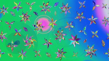 Yeşil ve mavi renkte çiçekler. Sevimli çiçek raster deseni. Renkli Bahar Teması eskiz kalıbı. Düz Çiçek Elementleri Tasarımı.