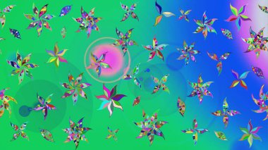 Suluboya elle çizilmiş çiçek desenli eskiz deseni. Parlak renkli fantezi çiçekleri, yapraklar, yeşil ve mavi renkli tomurcuklar yeşil ve mavi.