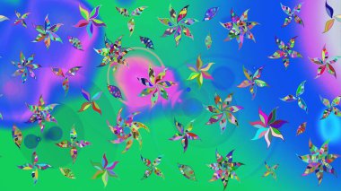 Tekstil tasarımı için mavi ve yeşil renkli geleneksel halk çiçekleri. Üzerinde gelincikler ve vadi zambakları olan renkli çiçek desenli nakış..