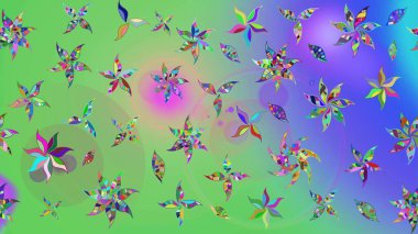 Renkli Yaz Temalı eskiz kalıbı. Raster Illustrasyon 'daki Çiçek Deseni' nin son moda çizimi. Düz Çiçek Elementleri Tasarımı. Yeşil ve mor renkte çiçekler.