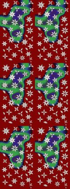 Çiçekler kırmızı ve yeşil renklerde. Kumaş desenli papatya çiçekleri ayrıntıları.