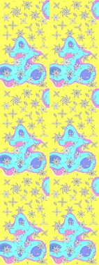 Raster illüstrasyonu. Sarı ve mavi renklerde bahar çiçekleri. Çiçek ve yapraklı karalama şeklinde Raster çiçek deseni.