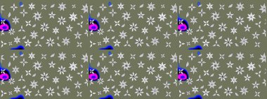 Raster Floral Illustration, Asyalı tekstil. Yeşil ve beyaz renkli etnik çiçeklerle zarif bir eskiz deseni.